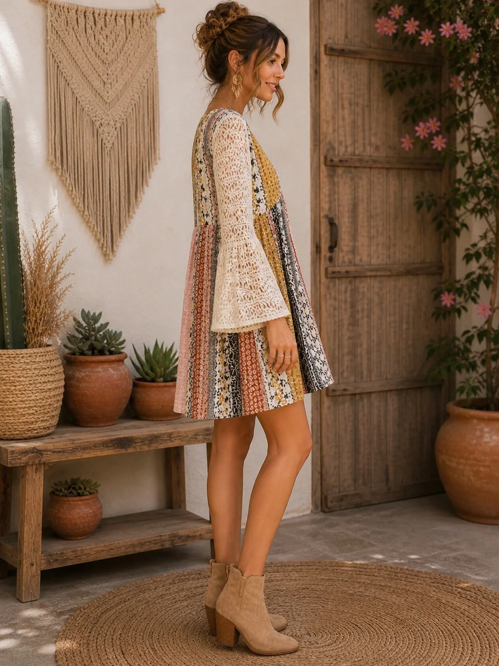 Boho Patchwork Lace Sleeve Mini Dress Bell Sleeve Bohemian Boutique Dress Size - Picture 3 of 6